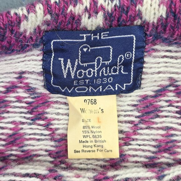 Vintage Woolrich Sweater Womens L Pink Blue Wool Fair Isle Diamond Boatneck 90s - Picture 3 of 8